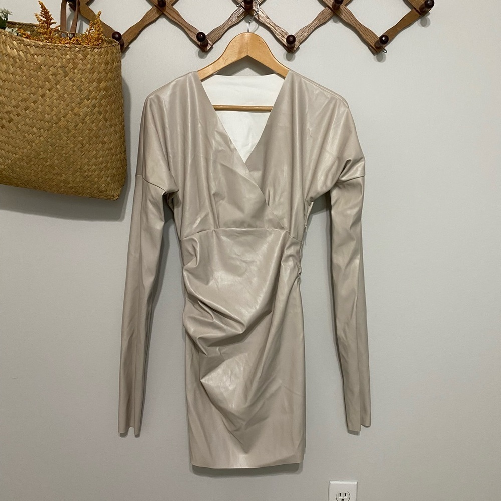 Faux Leather Taupe Long Sleeve Dress